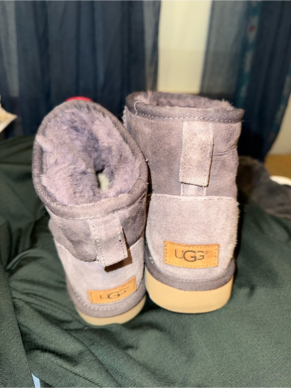 UGG Short Shearling Boots — Gray with Tan Accents